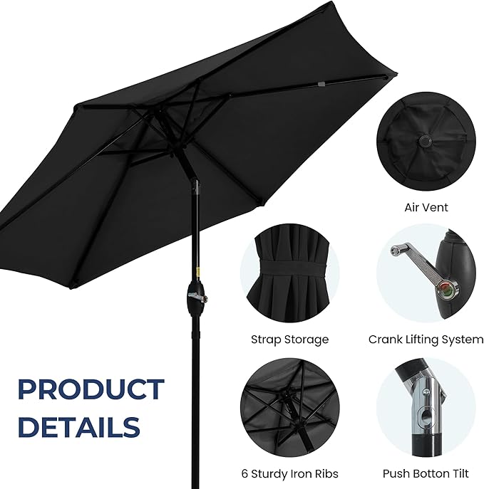 SUNVIVI OUTDOOR 7.5' Outdoor Patio Umbrella, Patio Umbrella, Market Umbrella, Metal Pole Umbrella with Push Button Tilt and Crank, 6 Ribs, Polyester Canopy