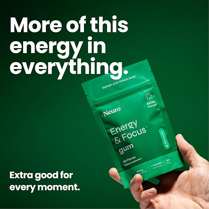 Neuro Energy Caffeine Gum (90 Pieces) - Sugar Free with L-theanine + Natural Caffeine + Vitamin B12 & B6 - Nootropic Energy & Focus Supplement for Women & Men - Extra Strength Spearmint Flavor