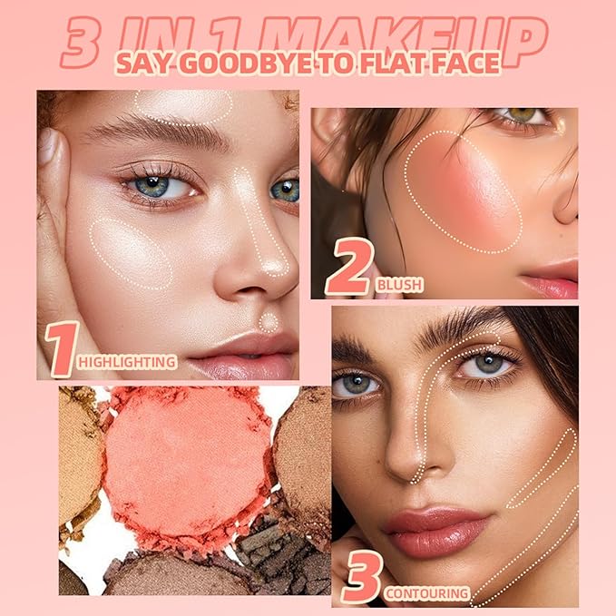 3 in 1 Highlighter Contour Blush Makeup Palette,