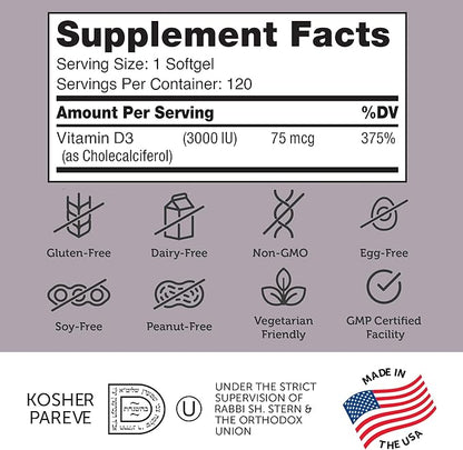 Zahler - Advanced Vitamin D3 3000 IU Softgels (120 Count) Kosher Vegetarian Friendly Vitamin D for Immune Support, Bone, Teeth & Muscle Health - Daily D3 Vitamin Supplement for Adults - Easy Swallow.