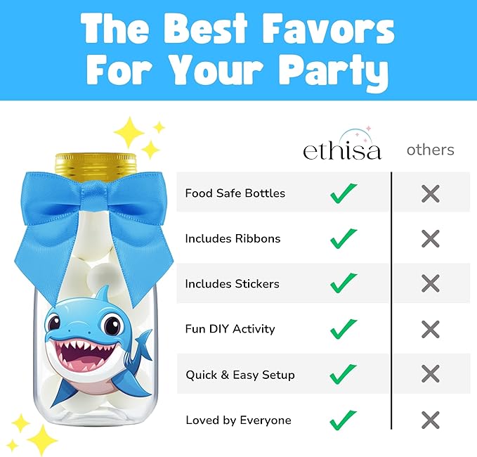 Small 12 Pack Baby Shark Party Favors - Candy Jars with Ribbons and Stickers - DIY Party Decoration Bottles for Birthday, School Classroom, and Baby Shower - Table Centerpieces for Kids