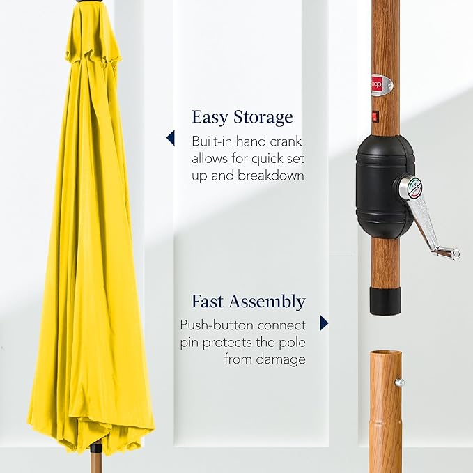 Best Choice Products 10ft Solar Market Patio Umbrella w/Woodgrain Pattern Pole, LED Lights, Tilt & Crank – Outdoor Sun Shade for Backyard Table, Deck, Poolside – Yellow