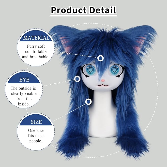 JUNBOON Furry Animal Headgear Beast Full Head Mask Headwear Doll Cosplay Costume Halloween Fursuit