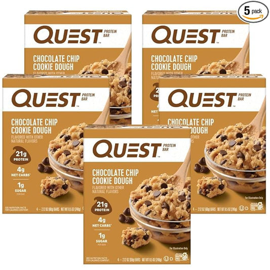 Quest Nutrition Chocolate Chip Cookie Dough - High Protein, Low Carb, Gluten Free, Keto Friendly, 2.12 Oz , 4 Count (Pack of 5)