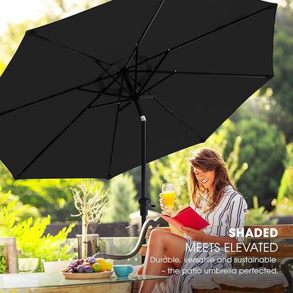 wikiwiki 9 FT Patio Umbrellas Outdoor Table Market Umbrella with Push Button Tilt/Crank,8 Sturdy Ribs, Fade Resistant Waterproof POLYESTER DTY Canopy for Garden, Lawn, Deck, Backyard & Pool, Black