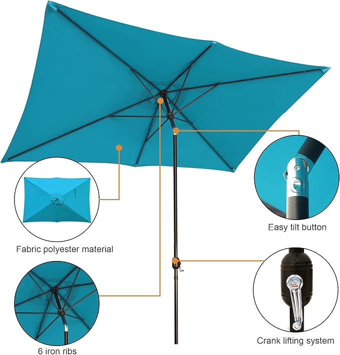Blissun Rectangular Patio Umbrella, Table Market Umbrella with Tilt and Crank, Outdoor Umbrella for Garden, Deck, Backyard, Pool and Beach