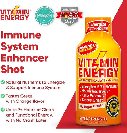 Vitamin Energy Immune+ Extra Strength Daily Energy Shot – Orange Burst – 260mg Natural Caffeine, B-Vitamins, Green Tea, Citicoline – Immune & Focus Support – Zero Sugar, Vegan – 1.93 fl oz, 24-Pack
