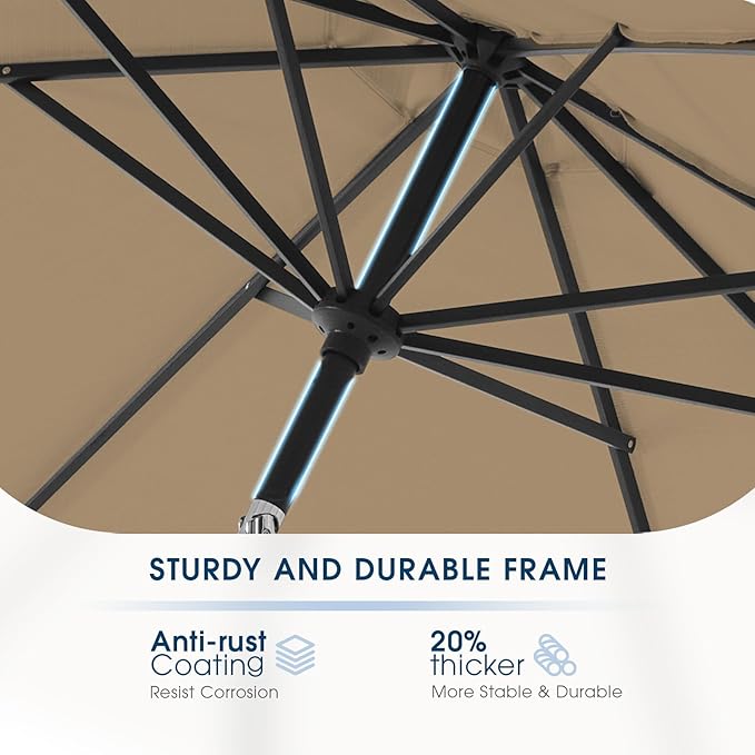 wikiwiki 9 FT Patio Umbrellas Outdoor Table Market Umbrella with Push Button Tilt/Crank, 8 Sturdy Ribs, Fade Resistant Waterproof POLYESTER DTY Canopy for Garden, Lawn, Deck, Backyard & Pool, Tan