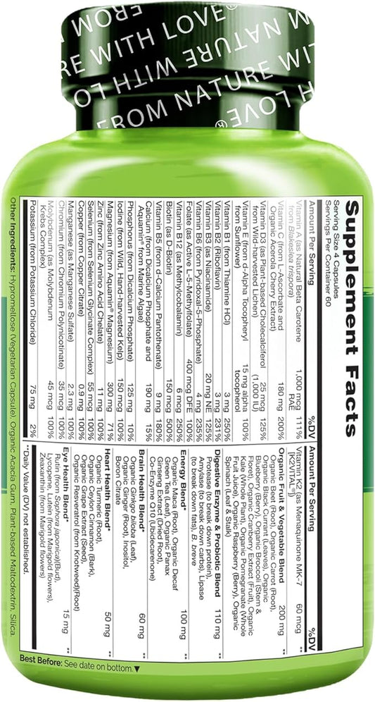 NATURELO Mens Multivitamins - Whole Food Multivitamin for Men with Vitamins, Minerals - 240 Vegetarian Capsules for Energy, Brain, Heart, Eye Health*