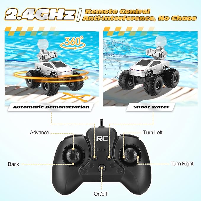 1:16 Amphibious Remote Control Car, Waterproof RC Monster Truck Toys, 4WD All-Terrain Off-Road Pickup RC Vehicle with Water Squirt