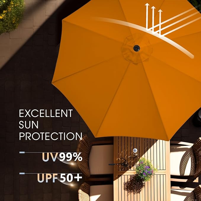wikiwiki 7.5 FT Patio Umbrellas Outdoor Table Market Umbrella with Push Button Tilt/Crank, 6 Sturdy Ribs, Fade Resistant Waterproof POLYESTER DTY Canopy for Garden, Lawn, Deck, Backyard & Pool, Orange