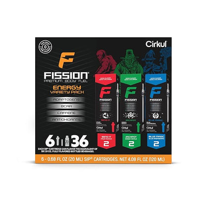 Cirkul Fission Energy Flavor Cartridge Variety Pack with Caffeine, 6-Pack (2 Send It, 2 Jackpot, 2 Blue Magic)