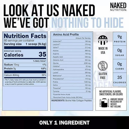 Naked Collagen Peptides Protein Powder, 60 Servings, Pasture-Raised, Unflavored Grass-Fed Hydrolyzed Collagen Supplement, Paleo Friendly, Non-GMO, Keto, Gluten Free, 20oz