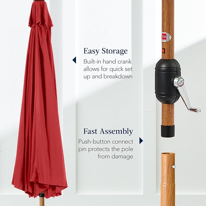 Best Choice Products 10ft Solar Market Patio Umbrella w/Woodgrain Pattern Pole, LED Lights, Tilt & Crank – Outdoor Sun Shade for Backyard Table, Deck, Poolside – Red