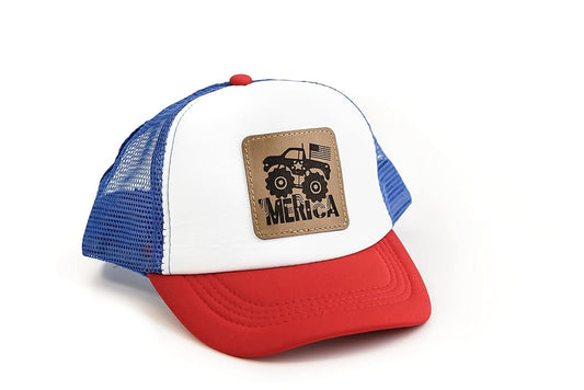 Red White and Blue 'Merica Monster Truck Baseball Cap for Kids, American Flag Hat for Boys, Patriotic Hat for Girls, Toddler Monster Truck Baseball Hat for Kids