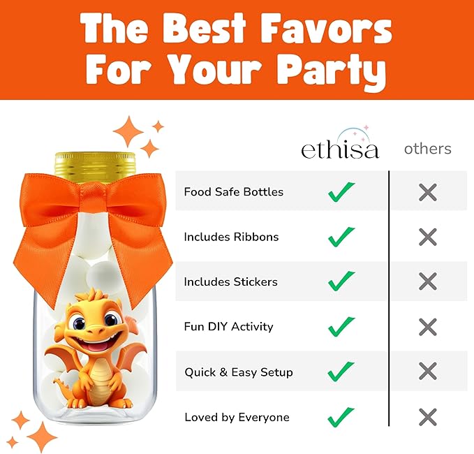 Small 12 Pack Baby Dragon Party Favors - Candy Jars with Ribbons and Stickers - DIY Party Decoration Bottle for Birthday, Baby Shower and School Classroom - Egg Container for Toddlers and Kids