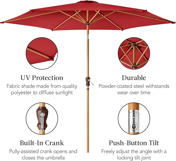 Best Choice Products 10ft Market Umbrella, Outdoor Sun Shade for Backyard, Deck, Poolside, Table w/Woodgrain Pattern, Easy Tilt & Crank - Red
