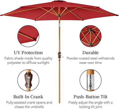 Best Choice Products 10ft Market Umbrella, Outdoor Sun Shade for Backyard, Deck, Poolside, Table w/Woodgrain Pattern, Easy Tilt & Crank - Red