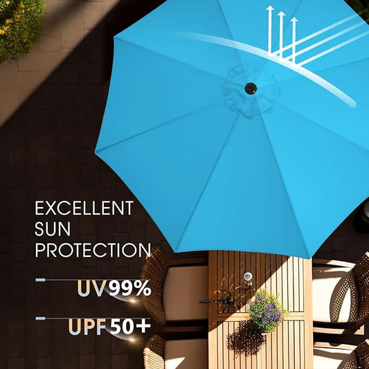 wikiwiki 9 FT Patio Umbrellas Outdoor Table Market Umbrella with Push Button Tilt/Crank, 8 Sturdy Ribs, Fade Resistant Waterproof POLYESTER DTY Canopy for Garden, Lawn, Deck, Backyard & Pool, Sky Blue
