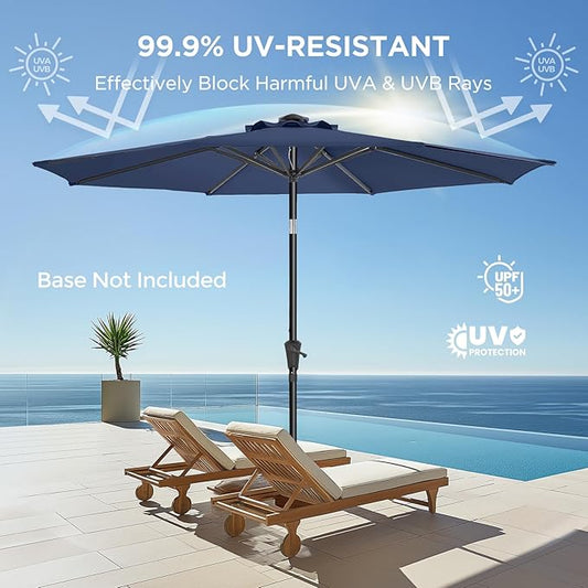 9ft Outdoor Patio Umbrella - Market Table Pool Deck Umbrella UPF50+ UV Protection with Push Button Tilt, Crank and 8 Sturdy Ribs (Navy Blue, No base)