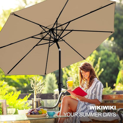 wikiwiki 10 FT Patio Umbrellas Outdoor Table Market Umbrella with Push Button Tilt/Crank, 8 Sturdy Ribs, Fade Resistant Waterproof POLYESTER DTY Canopy for Garden, Lawn, Deck, Backyard & Pool, Tan