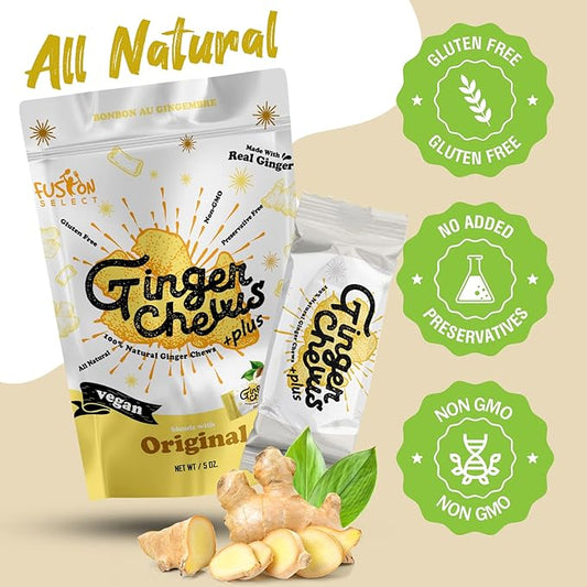 Fusion Select 2 Lb Original Ginger Chews - Sweet Soft Candied Delights From Indonesia - Promotes Relief From Morning Sickness, Upset Stomach - Made from Real Ginger Root, Non-GMO, Vegan Candy
