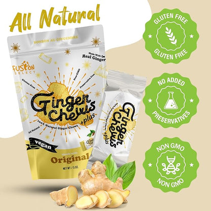 Fusion Select 2Lb Mango Ginger Chews - Sweet Soft Candied Delights From Indonesia - Promotes Relief From Morning Sickness, Upset Stomach - Made from Real Ginger Root, Non-GMO, Vegan Candy