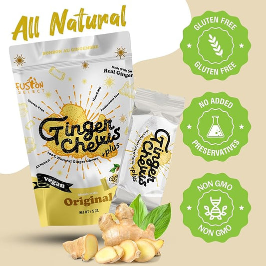 Fusion Select 2Lb Mango Ginger Chews - Sweet Soft Candied Delights From Indonesia - Promotes Relief From Morning Sickness, Upset Stomach - Made from Real Ginger Root, Non-GMO, Vegan Candy
