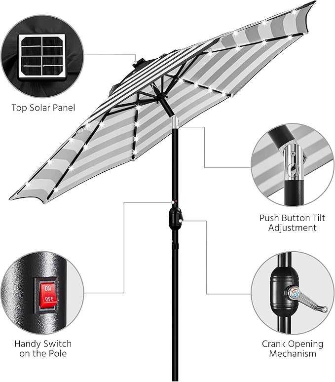 Yaheetech 9FT Solar Patio Umbrella 32 LED Lighted Table Umbrella with 8 Ribs/Tilt & Crank Lift System for Garden/Lawn/Deck/Backyard/Pool, Black/White