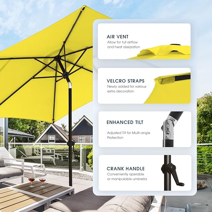 wikiwiki 7.5 FT Patio Umbrellas Outdoor Table Market Umbrella with Push Button Tilt/Crank, 6 Sturdy Ribs, Fade Resistant Waterproof POLYESTER DTY Canopy for Garden, Lawn, Deck, Backyard & Pool, Yellow