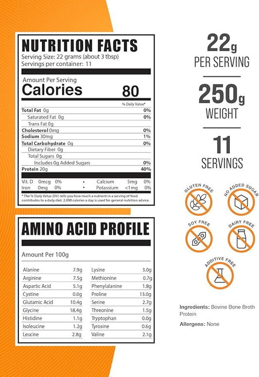 BulkSupplements.com Beef Bone Broth Protein Powder - Bovine Bone Broth Protein, Lactose Free Protein Powder - Dairy Free & Gluten Free, 22g per Serving, 250g (8.8 oz) (Pack of 1)