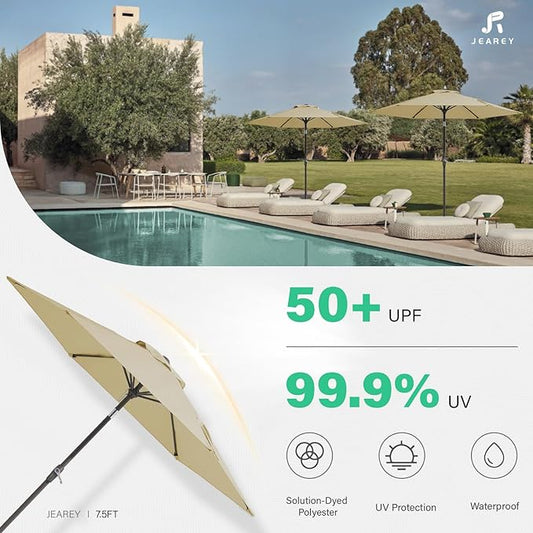 JEAREY 7.5FT Patio Umbrella Market Table Umbrella with 6 Sturdy Ribs, Push Button Tilt/Crank Outdoor Umbrella for Garden, Deck, Backyard, Pool and Beach,Tan