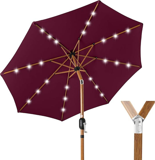 Best Choice Products 10ft Solar Market Patio Umbrella w/Woodgrain Pattern Pole, LED Lights, Tilt & Crank – Outdoor Sun Shade for Backyard Table, Deck, Poolside – Burgundy