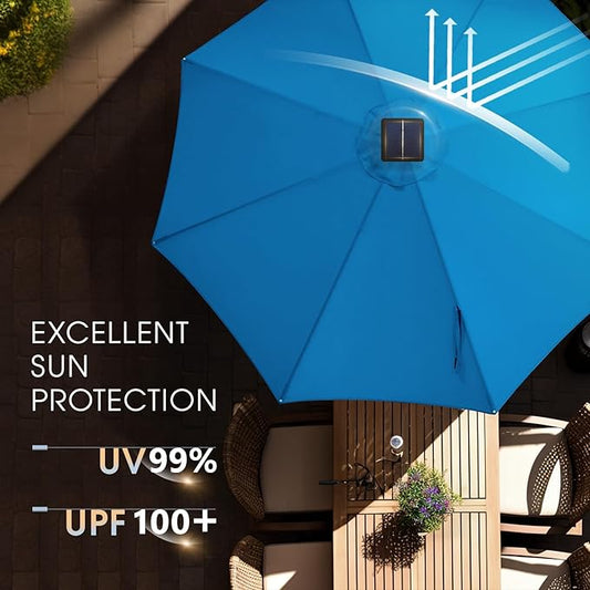 wikiwiki 9ft Solar Led Patio Umbrella, Sturdy Outdoor Market Umbrella for Deck, Pool, Garden w/Tilt, Crank, 32 LED Lights, Royal Blue