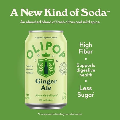 OLIPOP Prebiotic Soda Pop, Ginger Ale, Pantry Pack Packed with Prebiotics, Fiber, and Botanicals, Gluten Free, Vegan, GMO Free, 12oz (12-Cans)