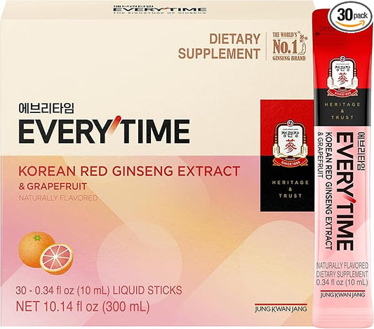 Everytime Korean Red Ginseng Extract 1,000mg & Grapefruit - Vegan Ginseng Root Energy Drink Liquid Stick Supplements - Builds Stamina & Immunity, No Caffeine (30 Sticks, 0.34 fl oz)