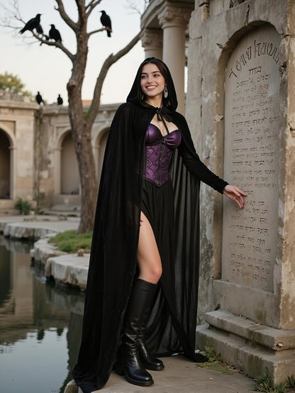 Unisex Adult Black Witch Cape Full Length Hooded Robe Cloak Halloween Dress Up Parties