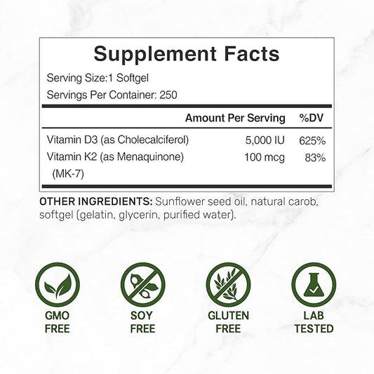 DEAL SUPPLEMENT 2 Pack Vitamin D3 K2 Softgel, 250 Count, 2-1 Complex, Vitamin D3 5000 IU & Vitamin K2 MK7, Promotes Heart, Bone & Teeth Health – Very Easy to Swallow