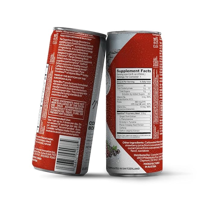 Alpine Bliss Energy Drink with Tyrosine, Ginger Root, B Vitamins and Saffron Extract, Supports Focus and Mental Clarity, Award-Winning Low Calorie Adaptogen & Nootropic Blend, European Mountain Water, Berry Flavor (12 Pack)