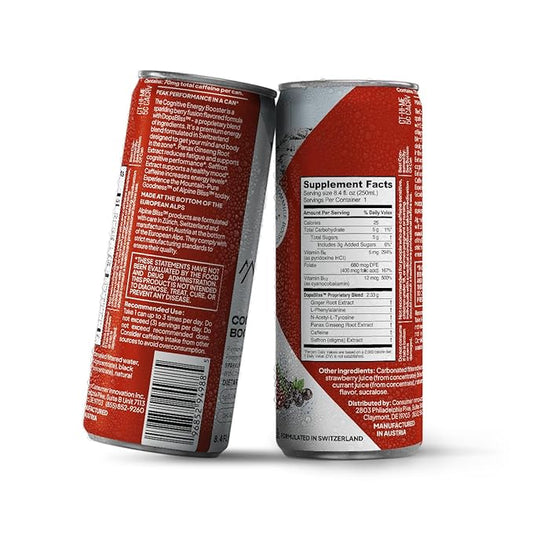 Alpine Bliss Energy Drink with Tyrosine, Ginger Root, B Vitamins and Saffron Extract, Supports Focus and Mental Clarity, Award-Winning Low Calorie Adaptogen & Nootropic Blend, European Mountain Water, Berry Flavor (12 Pack)
