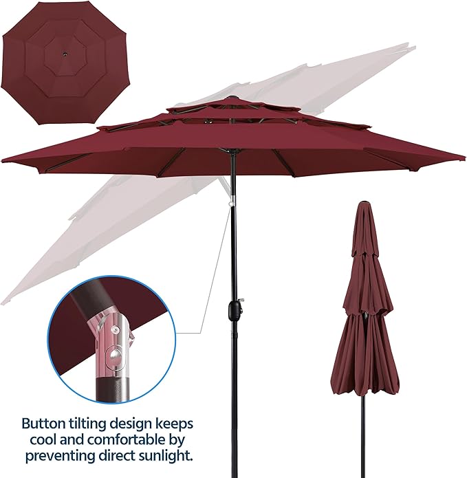 Yaheetech 3 Tier Patio Umbrella 10ft Vented Outdoor Large Market Table Umbrella with 8 Sturdy Ribs & 1.5" Umbrellla Pole, Double-layer Cloth & Push-button Tilting & Crank for Pool/Garden/Lawn Burgundy