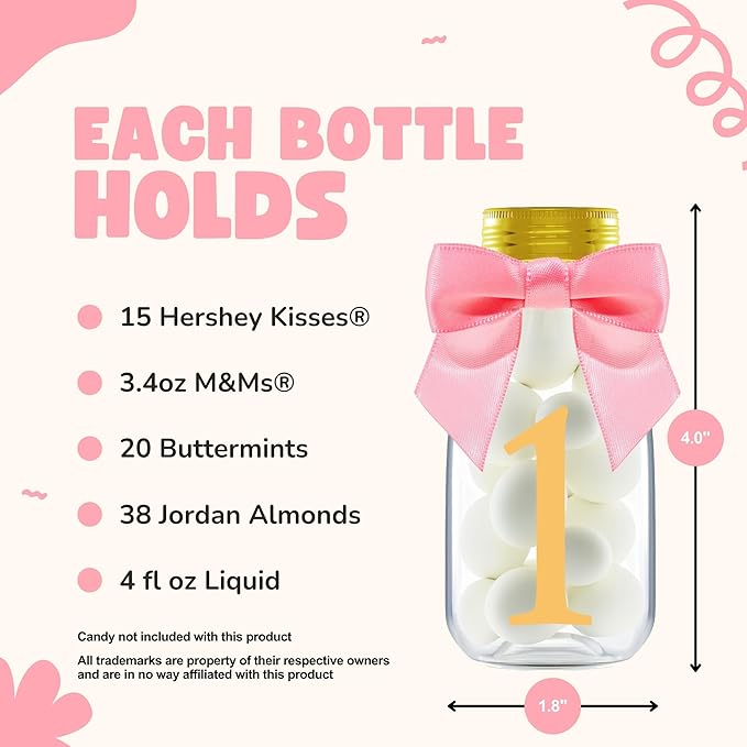 Small 12 Pack 1st Birthday Party Favors for Girls - DIY Candy Jars with Ribbons and Stickers - Baby Girl Party Decoration Bottles for First Birthday Bash - One Year Old Table Centerpieces