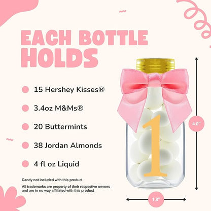 Small 12 Pack 1st Birthday Party Favors for Girls - DIY Candy Jars with Ribbons and Stickers - Baby Girl Party Decoration Bottles for First Birthday Bash - One Year Old Table Centerpieces