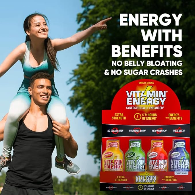 Vitamin Energy Extra Strength Daily Energy Shot – Variety Pack – 260mg Caffeine, B-Vitamins, Vitamin D, Rhodiola – Mood, Focus, Strength, Immunity – Zero Sugar, Vegan, Kosher – 1.93 fl oz, 12-Pack