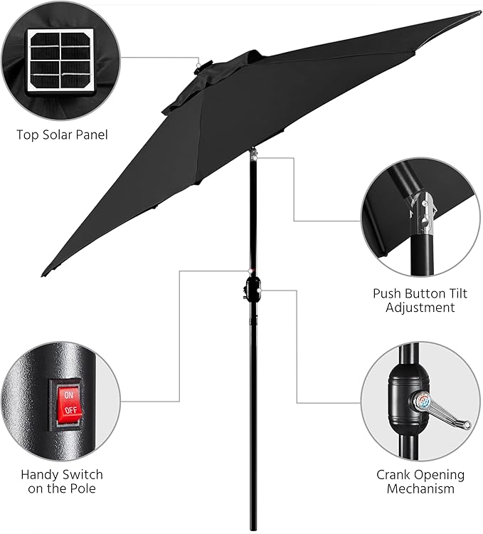 Yaheetech 9FT Solar Patio Umbrella Outdoor Table Market Umbrella w/8 Ribs and 32 LED Lights, Tilt & Crank & UV Protection for Backyard/Deck/Poolside, Black