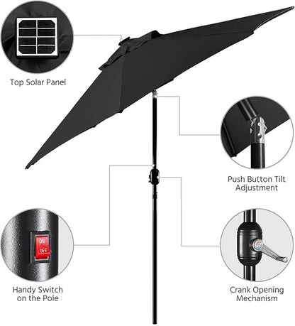 Yaheetech 9FT Solar Patio Umbrella Outdoor Table Market Umbrella w/8 Ribs and 32 LED Lights, Tilt & Crank & UV Protection for Backyard/Deck/Poolside, Black