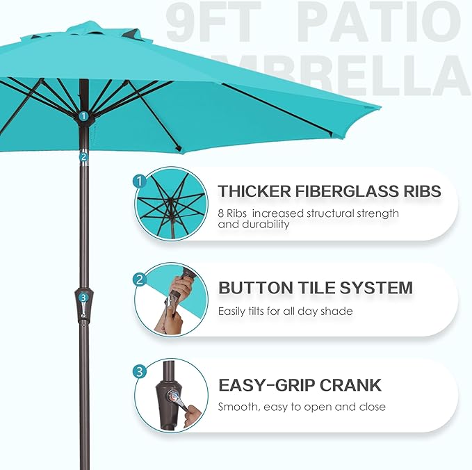 PatioKingdom 9FT Patio Outdoor Umbrella-UPF 50+ Sun Shade with Wind Vent, Push-Button Tilt & Smooth Crank Lift, Rust-Resistant Fiberglass Frame for Garden, Backyard,Yard