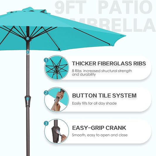PatioKingdom 9FT Patio Outdoor Umbrella-UPF 50+ Sun Shade with Wind Vent, Push-Button Tilt & Smooth Crank Lift, Rust-Resistant Fiberglass Frame for Garden, Backyard,Yard