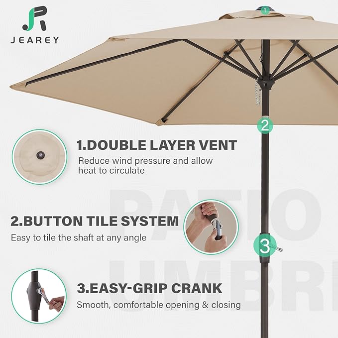 JEAREY 7.5FT Patio Umbrellas Outdoor Umbrella Table Market Umbrella with 6 Ribs,Tilt Button for Pool Deck Backyard Garden,Beige