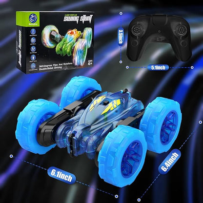 Remote Control Car,Stunt RC Cars for Kids with Colorful Light,Fast USB-C Charging,Double-Sided 360° Rotating Rechargeable 4WD RC Truck Car Toys for Ages 5-7 Gift for Boys Girls Ages 8-12(Blue)